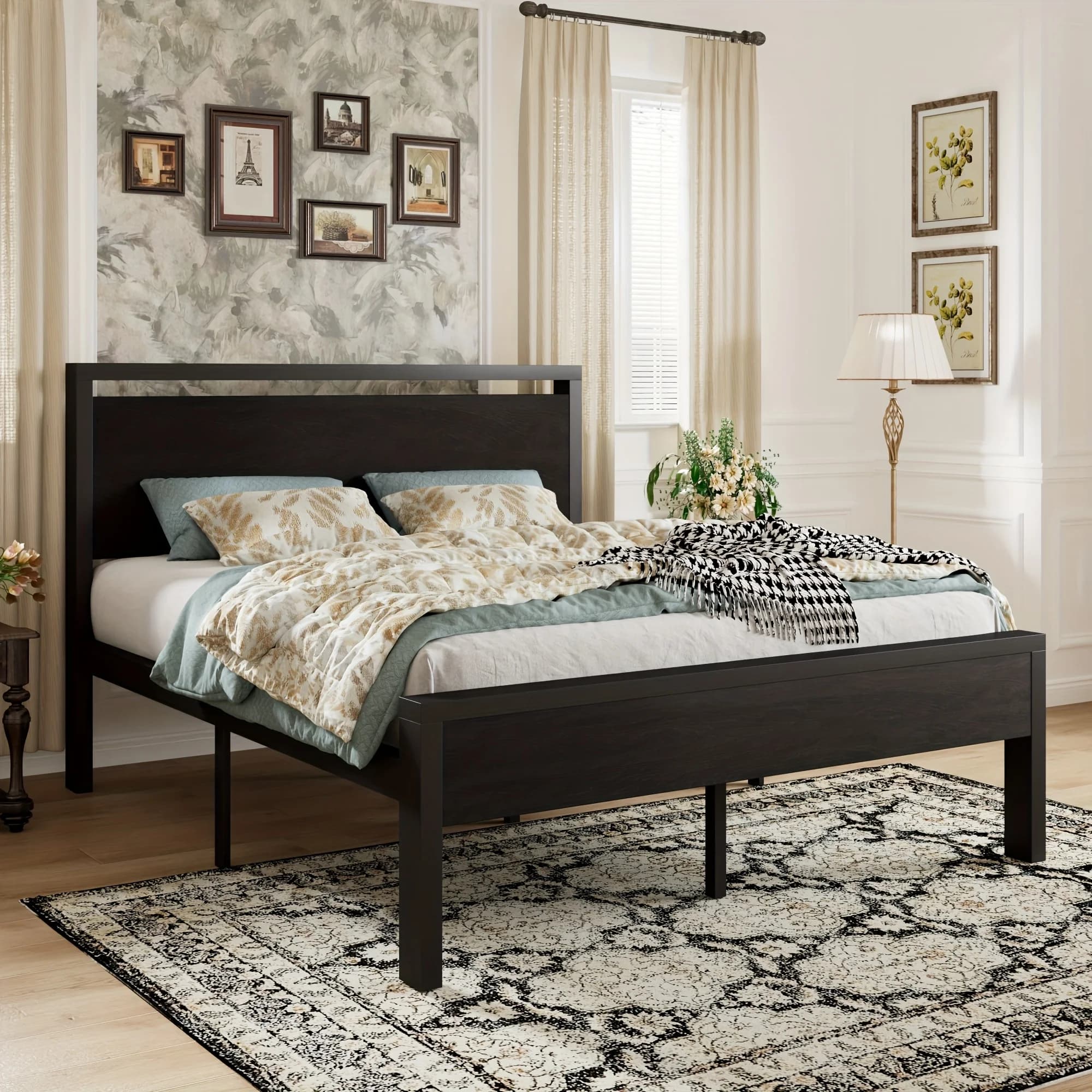 WEEWAY Struttura letto in metallo con testiera e pediera in legno stile vittoriano vintage - Doghe in ferro battuto massiccio, spazio contenitore sotto il letto