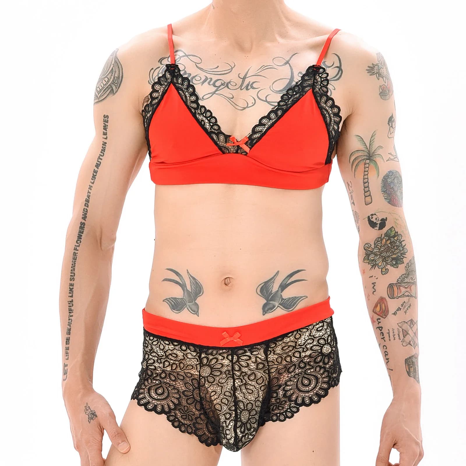 Set di Lingerie Erotica Sexy da Uomo per Crossdressing, Intimo Trasparente in Pizzo e Rete, Reggiseno Maschile e Boxer Trasparenti, Abbigliamento Fetish