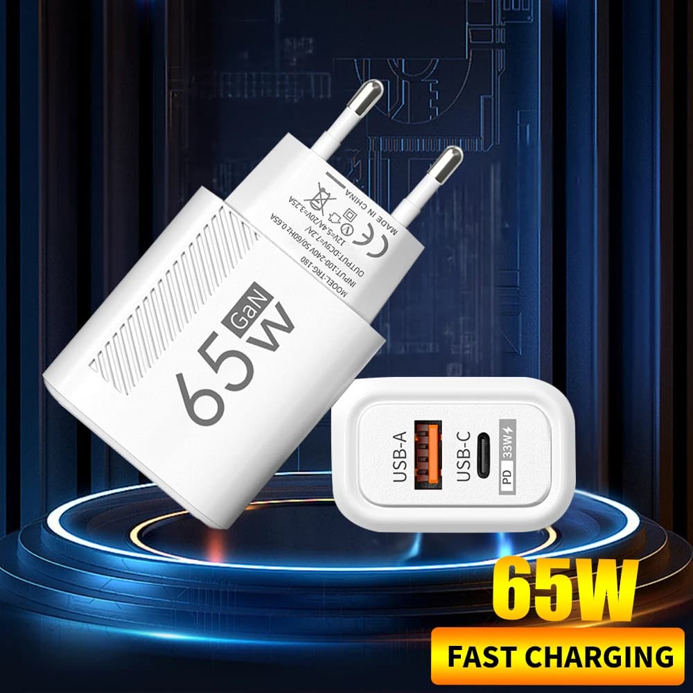 Caricatore USB C 2 in 1 GaN da 65W, caricatore rapido per telefono con adattatore PD QC3.0, presa EU/US, caricatore da parete per iPhone 16 15 Xiaomi Samsung