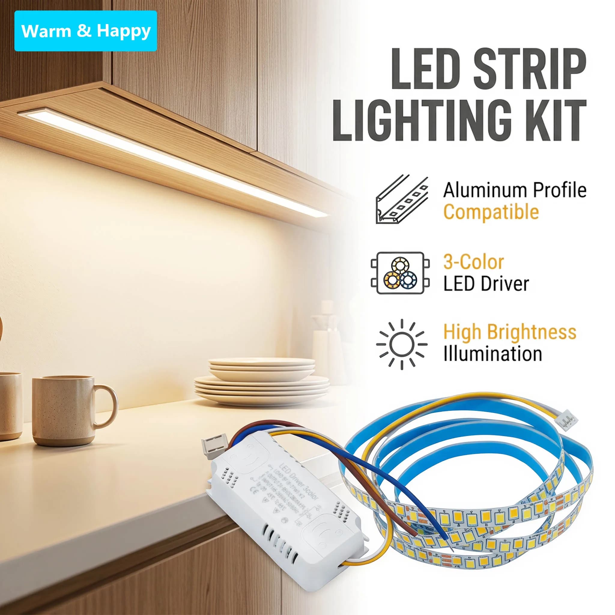 1M Tri Color LED Strip Light+LED Driver 60W(20W+20W+20W) Easy to Install Lighting Kit Replaceable LED Light Source Accessories