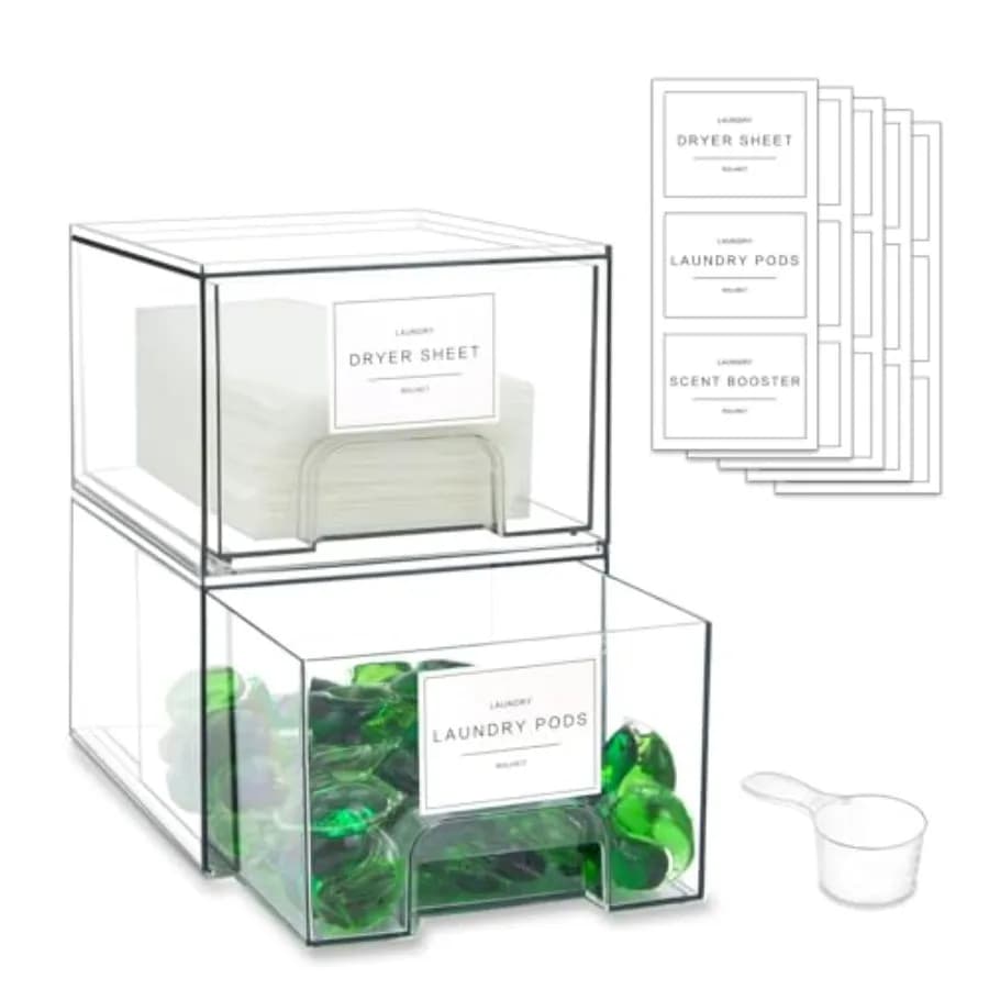 Set di Cassetti Organizzatori per Lavanderia con Etichette, Contenitori Impilabili Trasparenti per Foglietti per Asciugatrice e Detersivo in Capsule