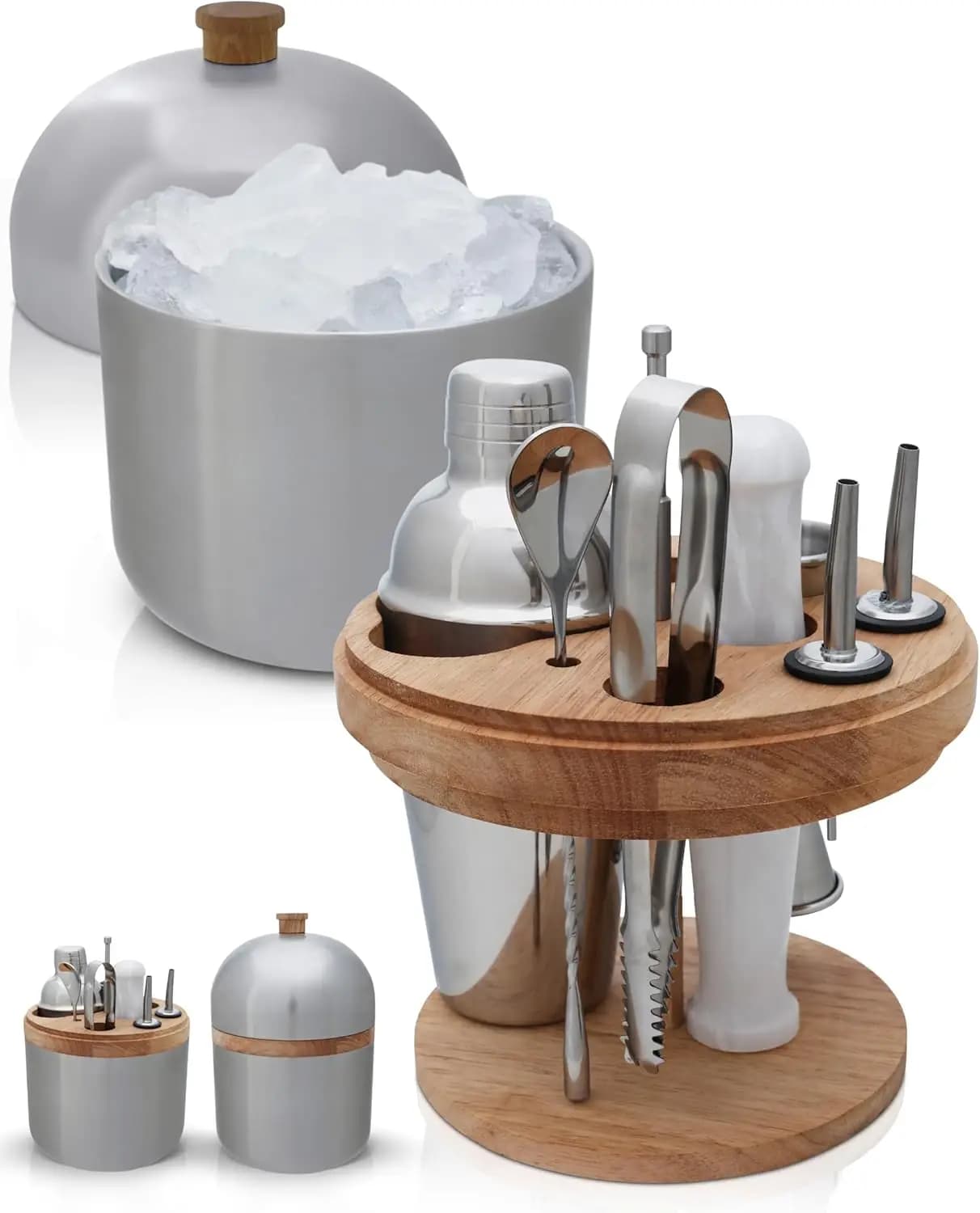 Set Completo per Cocktail in Acciaio Inox con Organizer in Legno, Shaker, Jigger, Muddler, Cucchiaio, Pinze, Beccucci Versatori e Carte Ricette