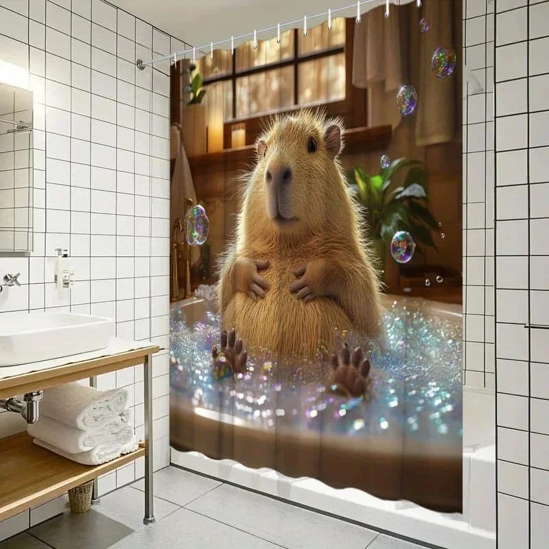 Tenda da doccia per vasca da bagno Capybara paffuta da 1 pezzo - CGI iperistico, bolle, espressione delicata, poliestere, lavabile
