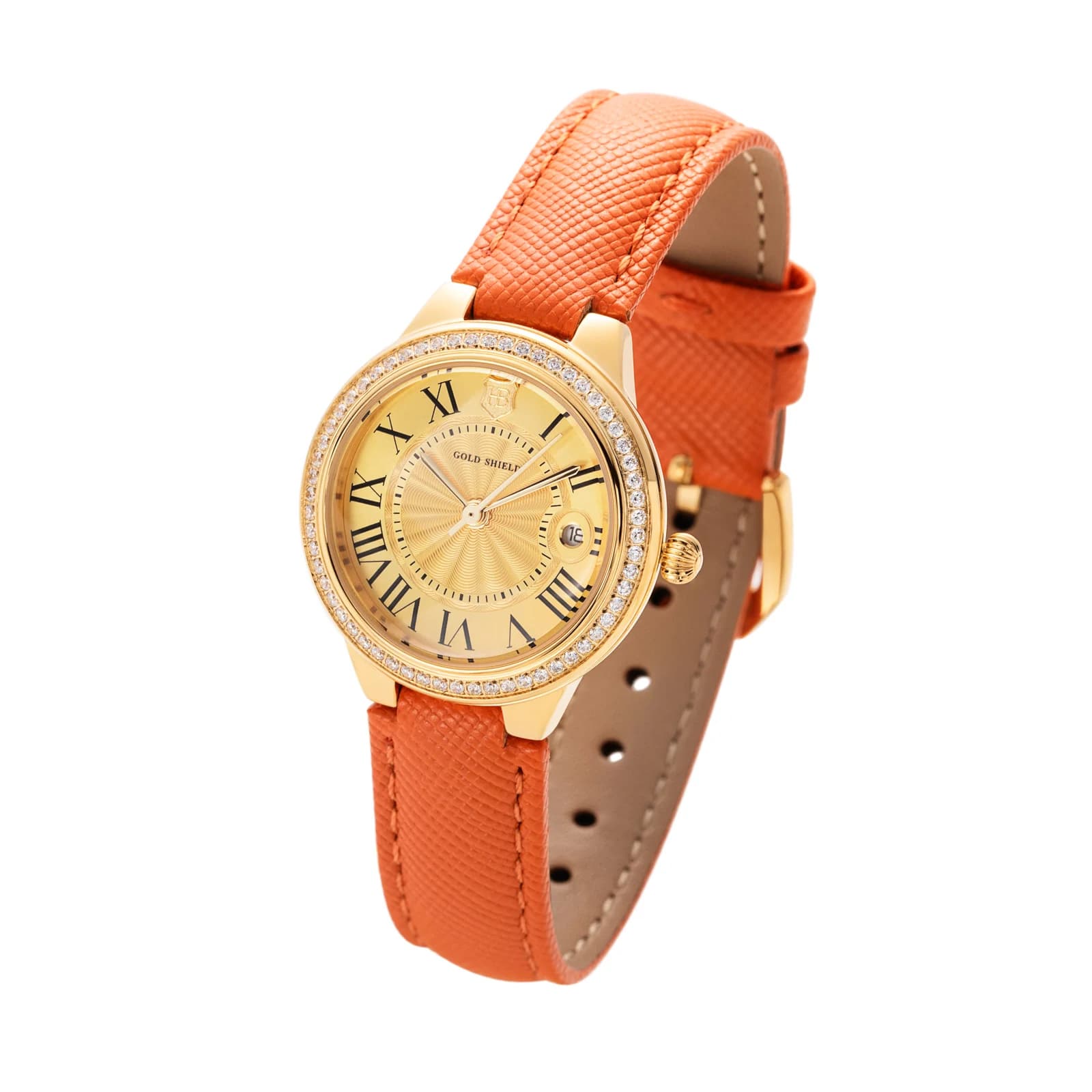 Orologio al Quarzo Classico da Donna 30mm in Oro 24K Elegante Orologio da Donna con Calendario Cinturino in Pelle Arancione Impermeabile Regalo per Donne