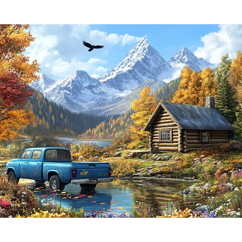 RUOPOTY Painting By Number Lakeside Wooden House On Canvas Diy Kits Acrylic Paint Landscape Drawing Coloring By Number Home Deco