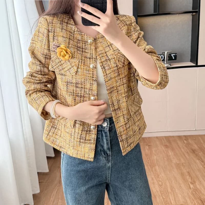 Women's plaid coarse woolen coat 2026 new spring and autumn small fragrant style top