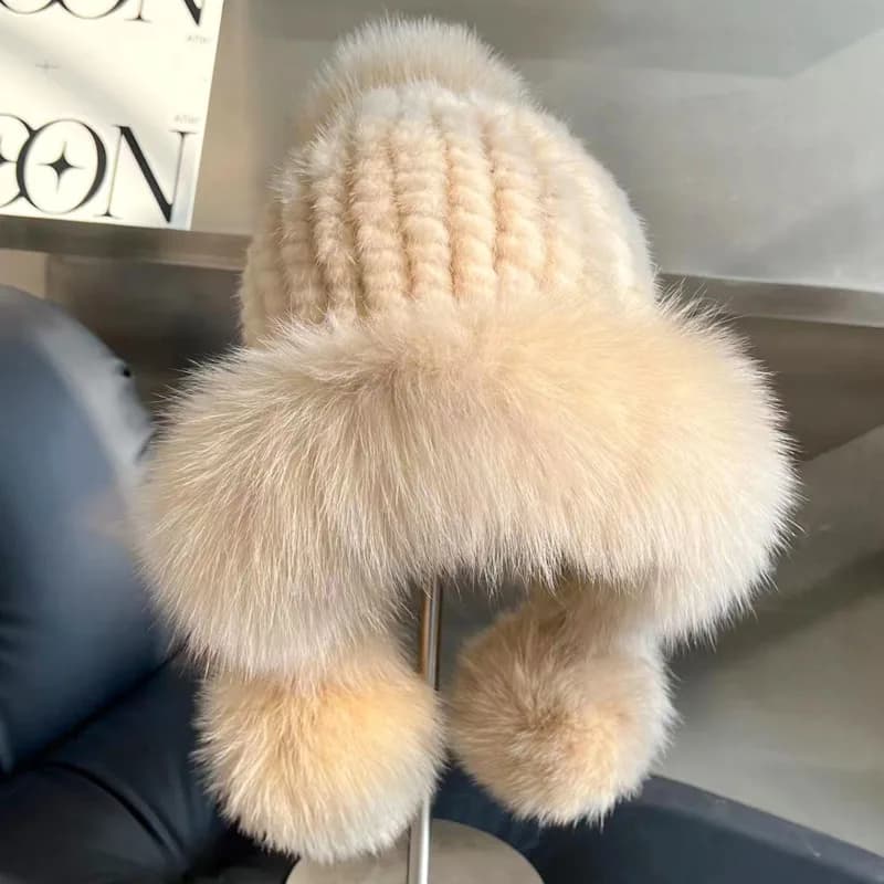 Real Mink Fur Hatfor Women Woven Fur Fisherman Hat With Fox Fur Ball Thickened Warm Ear Protection Hat Hand Beanies Bonnets Cap