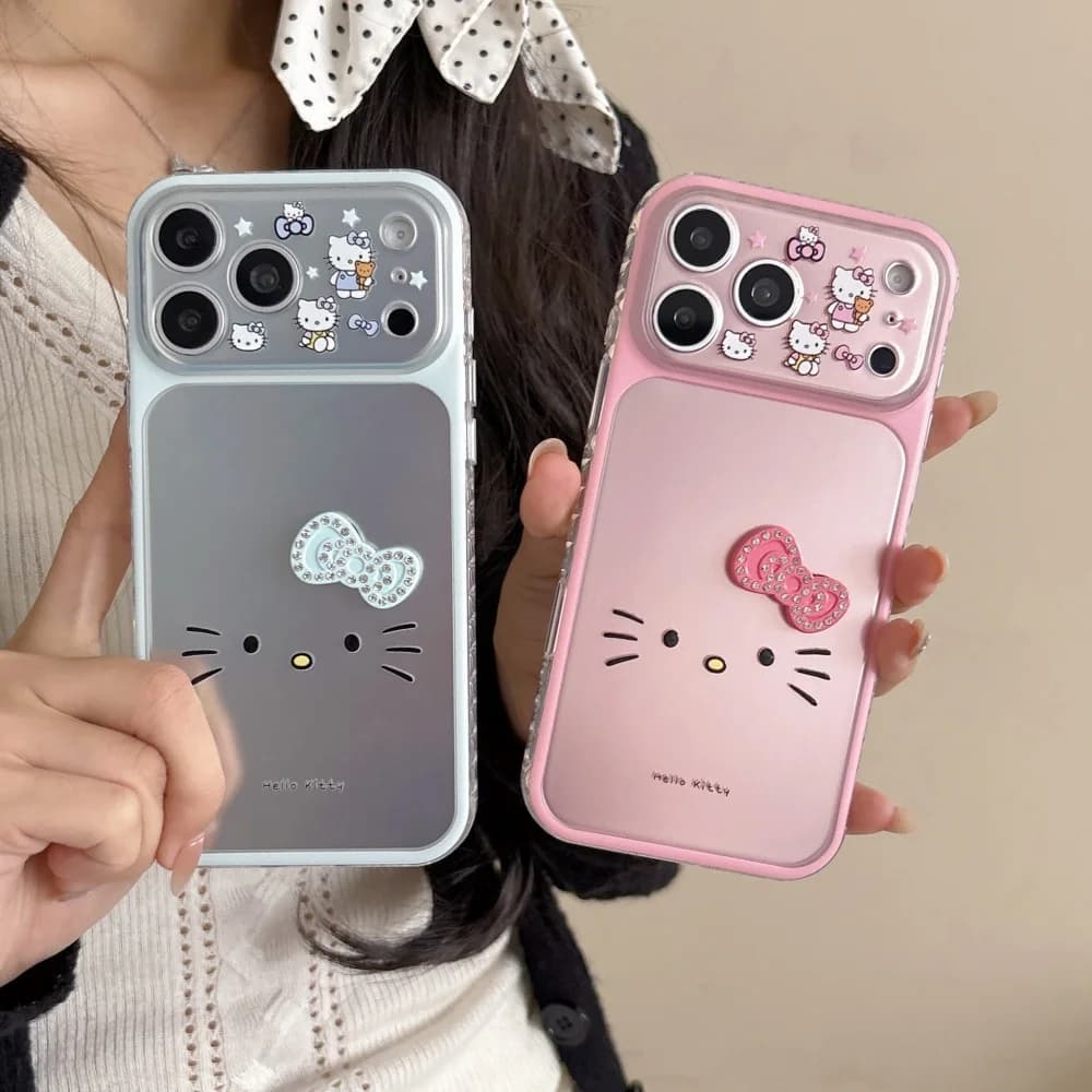 Custodia Morbida Antiurto in Silicone con Fiocco Laser Blu Rosa e Grande Volto di Hello Kitty Sanrio per iPhone 17 16 15 ProMax