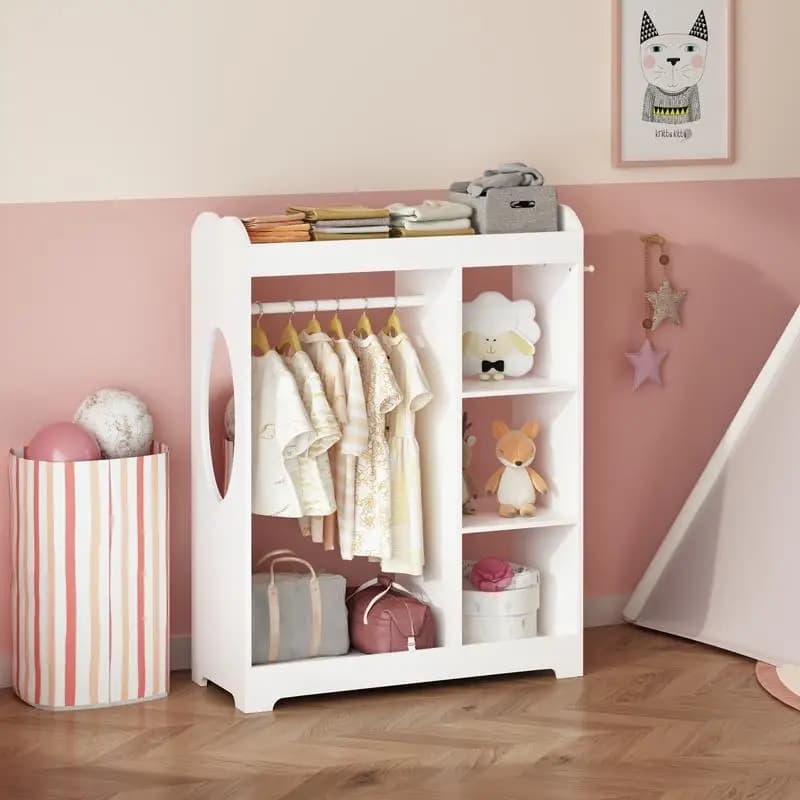 Porta abiti per bambini con specchio, appendiabiti in legno, asta per appendere, 3 ganci laterali, ripiani per organizer per costumi da bambino