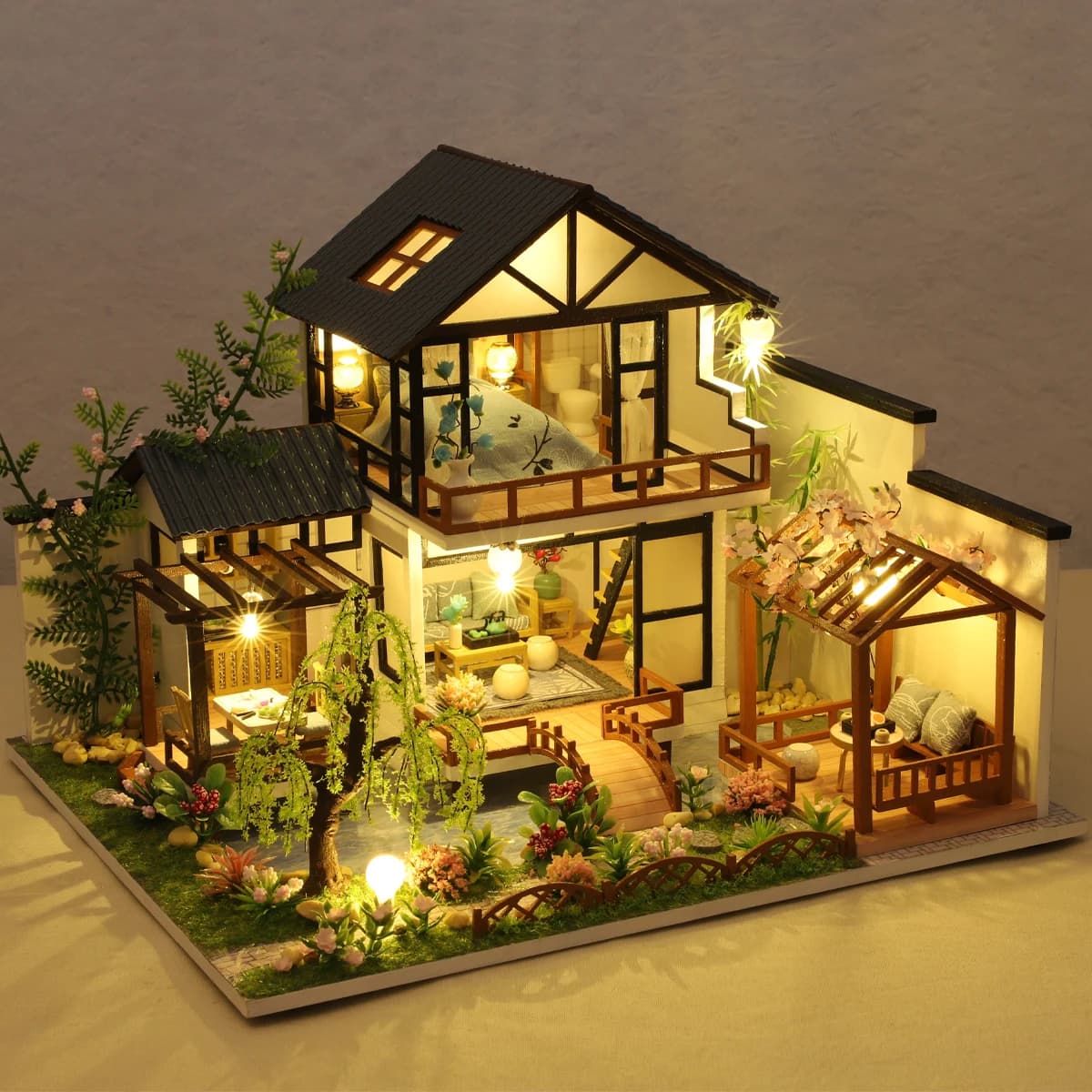 Modello di edificio Casa delle bambole Puzzle 3D Mini kit fai da te Produzione e assemblaggio di giocattoli da camera, Decorazione della camera da letto di casa con mobili, W