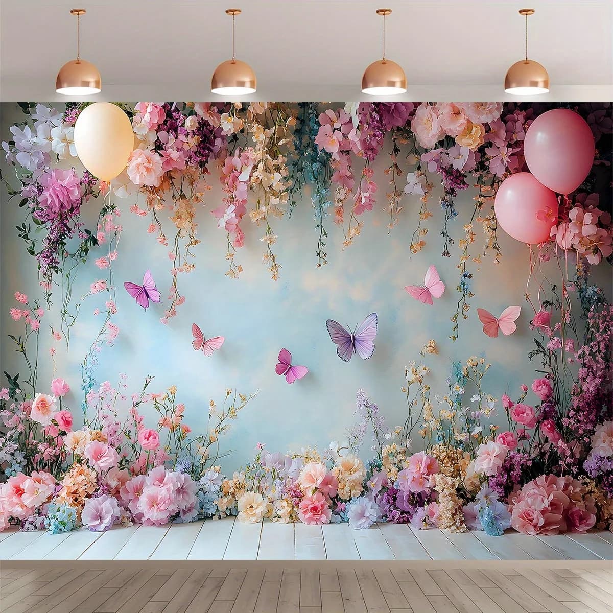 1 pezzo, fiori rosa chiaro eccentrici e sfondo farfalla svolazzante, forniture per feste di compleanno