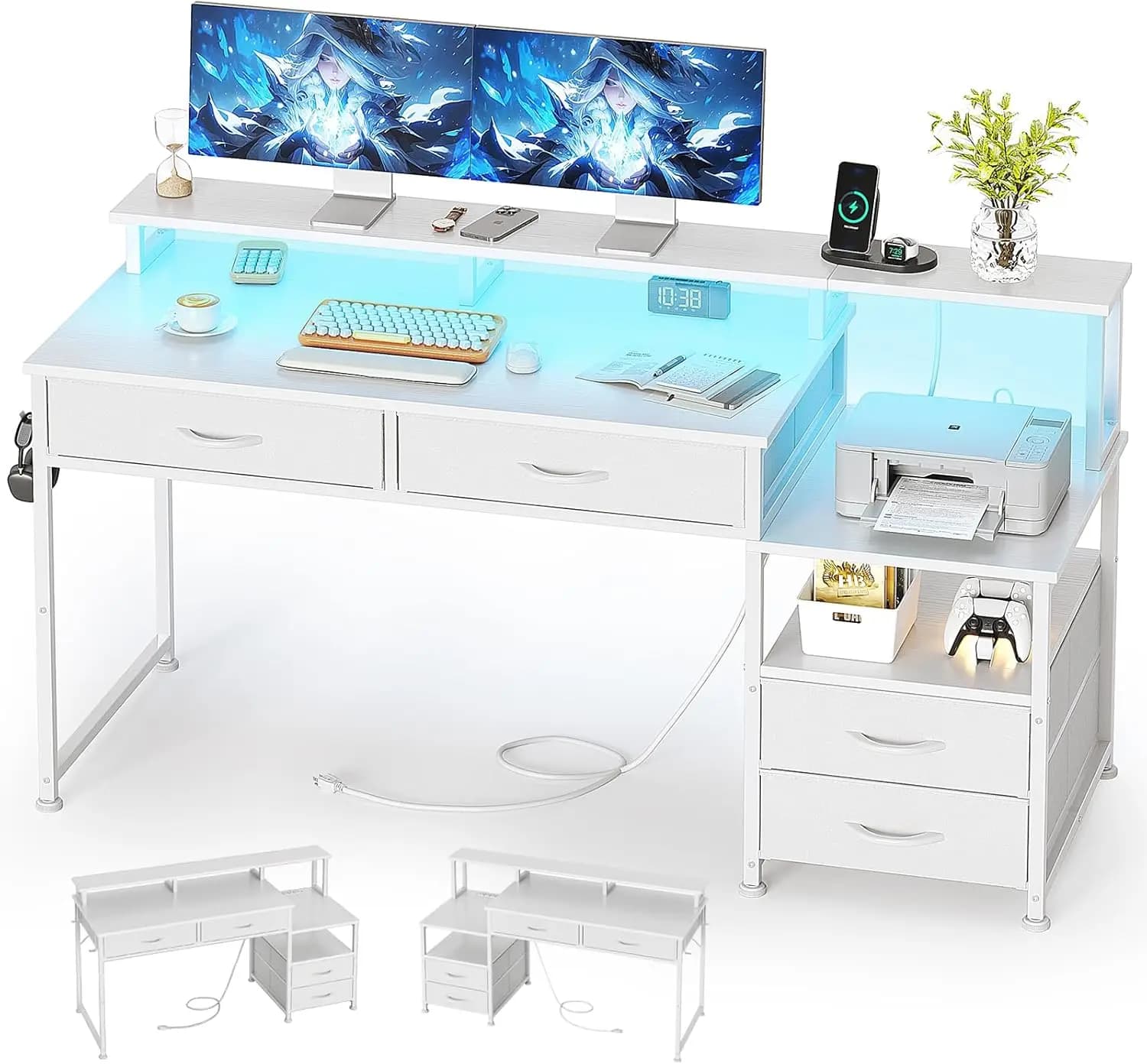 Scrivania per Computer Reversibile da 53 Pollici con Luci LED, 4 Cassetti, Prese di Corrente e Supporto per Monitor per Ufficio Domestico, Gaming e Studio