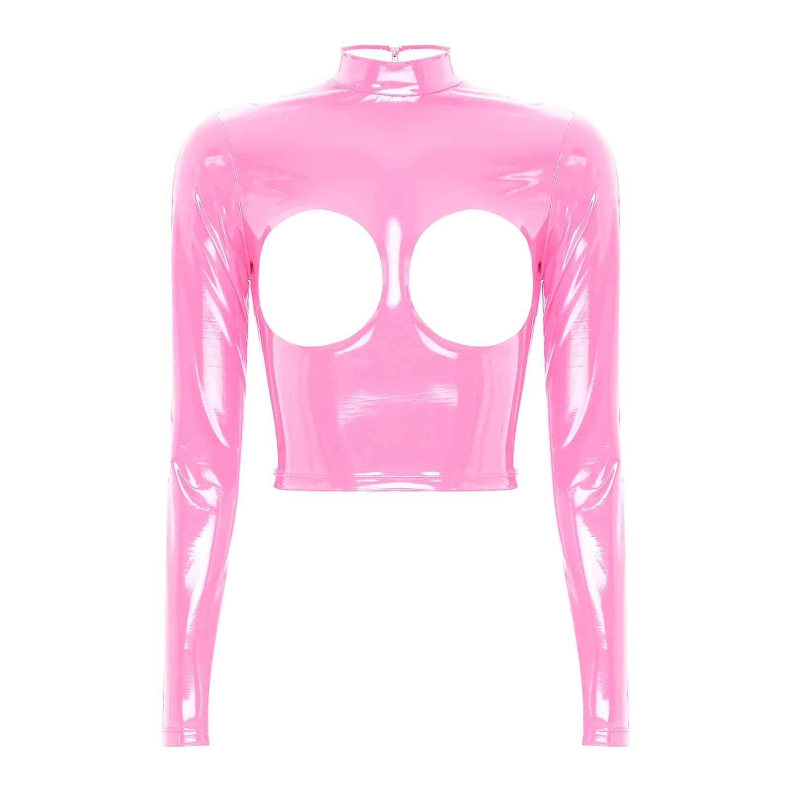 Womens Patent Leather Open Cups Crop Top Wetlook Long Sleeve Hollowed Out Bare Breast Back Zipper Sexy Shirt Tops for Nightclub