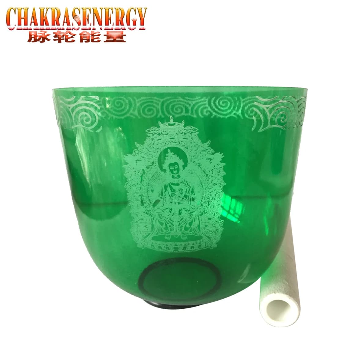 Green crystal singing Bowl with buddha engraved 432hz 3rd octave E note Solar Plexus chakra or F note Heart chakra about 7.35"