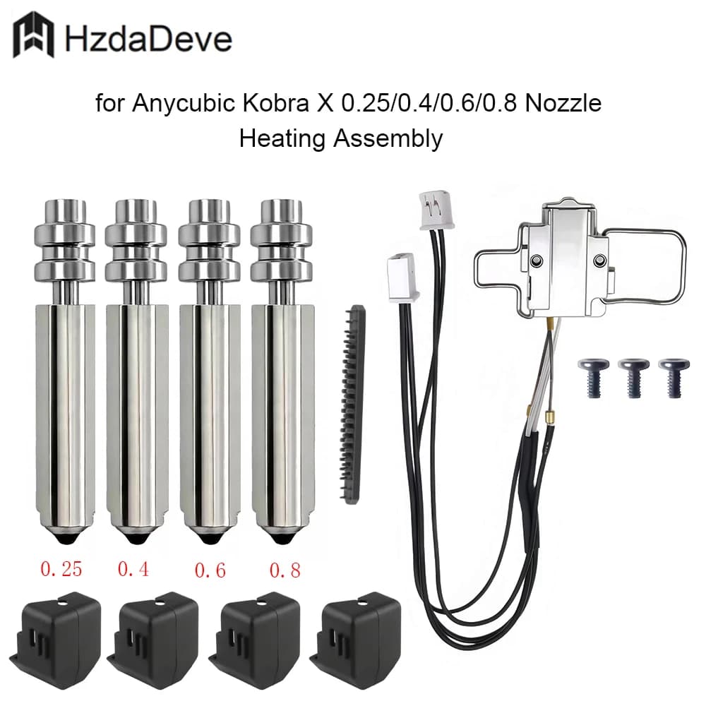 for Anycubic Kobra X Hotend Heating Assembly +0.25/0.4/0.6/0.8MM Nozzle + Silicone Cover + Nozzle Brush