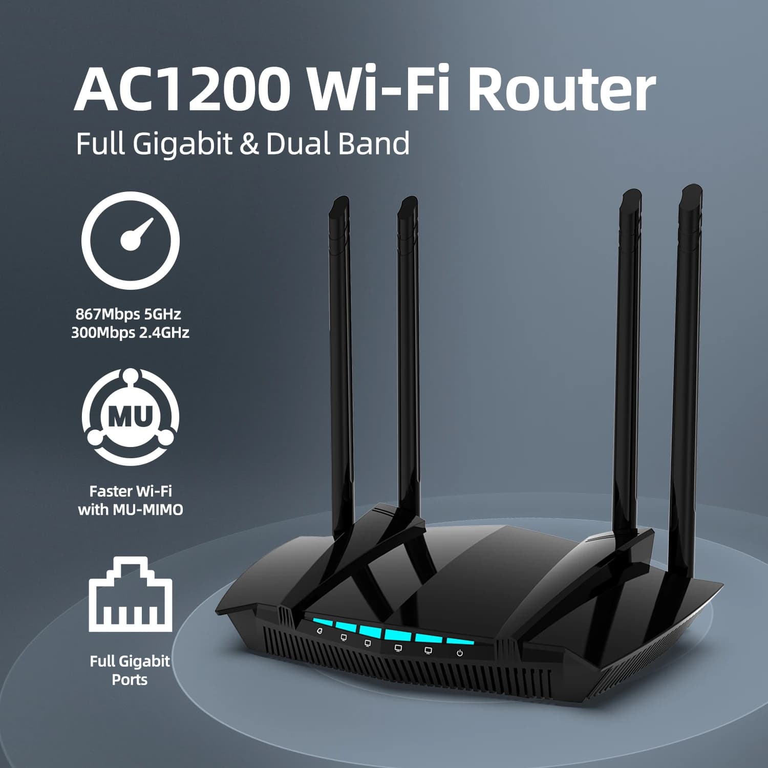 Router WiFi Gigabit Dual Band PIX-LINK AC1200 1200Mbps 5GHz/2.4GHz MU-MIMO WPA3 4 Antenne Porte Gigabit Complete Copertura 300m²