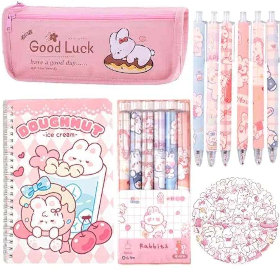 58PCS Cute Rabbit School Supplies Set Kawaii Stationery Kit Back to School, Including Notebook, Gel Pens, Pencil Case, Stickers