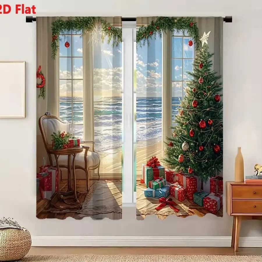 2Pcs Curtains 2D Flat Cozy Christmas Indoor Scene With Sunny Beach View And Decorated Tree Window Drapes for Bedroom Room Decor