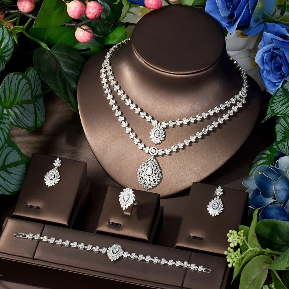HIBRIDE Lusso Cubic Zirconia Due Strati Goccia D'acqua Collana Orecchino Set di Gioielli per Spose Festa Abito da Sposa Gioielli N-1109