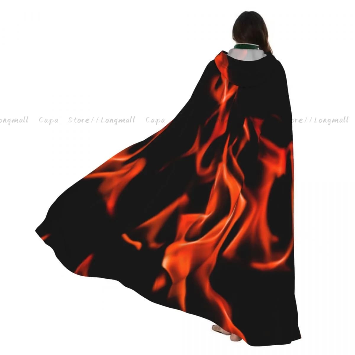 Mantello da vampiro per adulti Abito con cappuccio Fiamme di fuoco Sfondo Mantello di Halloween Cosplay a figura intera