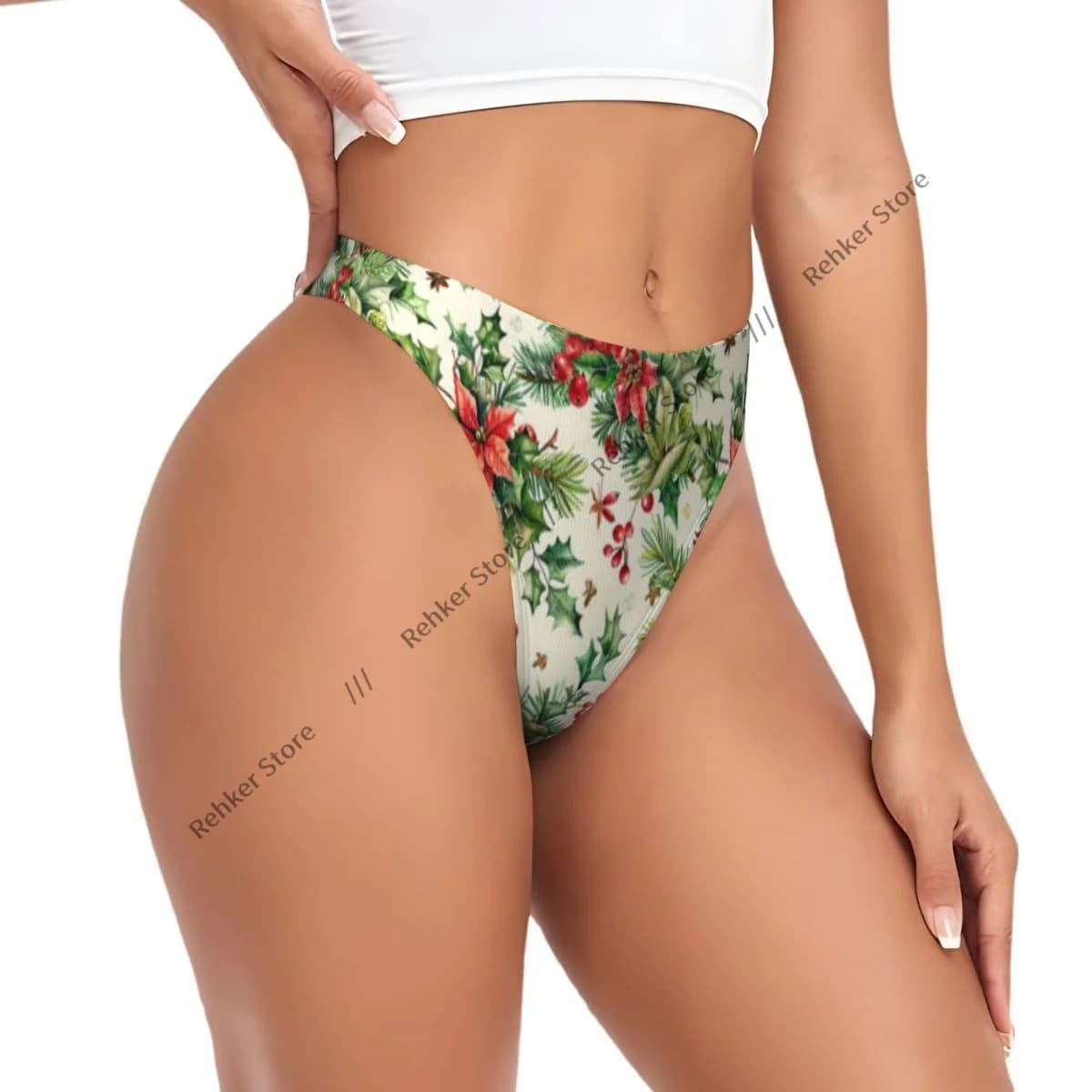 Mutandine da donna con stampa acquerello natalizia, con intricati motivi di alloro e poinsettia, lingerie sexy, perizoma, G-string