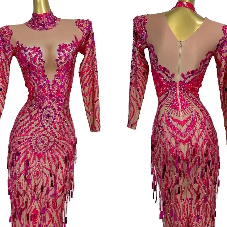 Abito Lungo Elegante con Strass e Frange, Vestito da Sera Rosa per Donne, Ideale per Feste di Compleanno e Servizi Fotografici, in Spandex, Diaopianqun