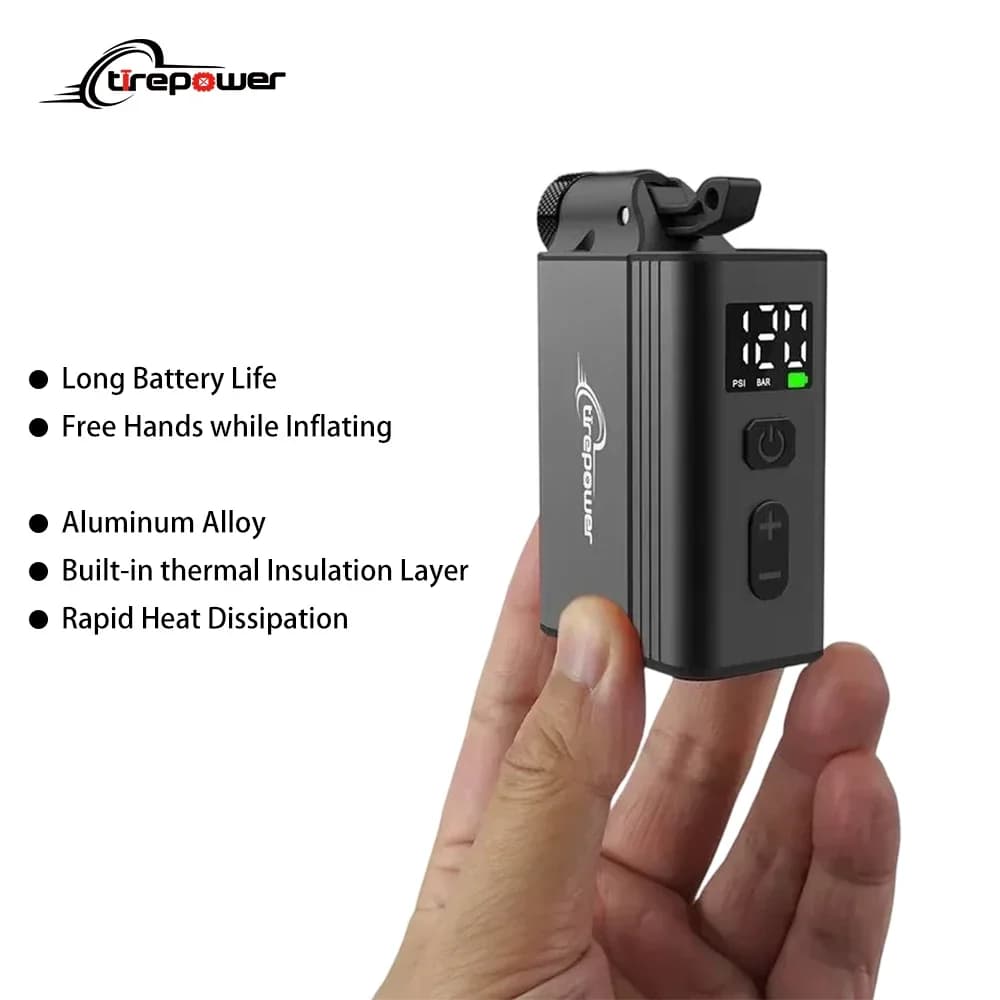 Pompa Elettrica Portatile Mini Ctrepower per Bici, Gonfiatore Pneumatici Senza Fili 120PSI con Doppia Batteria da 480mAh e Display, Ricarica Rapida