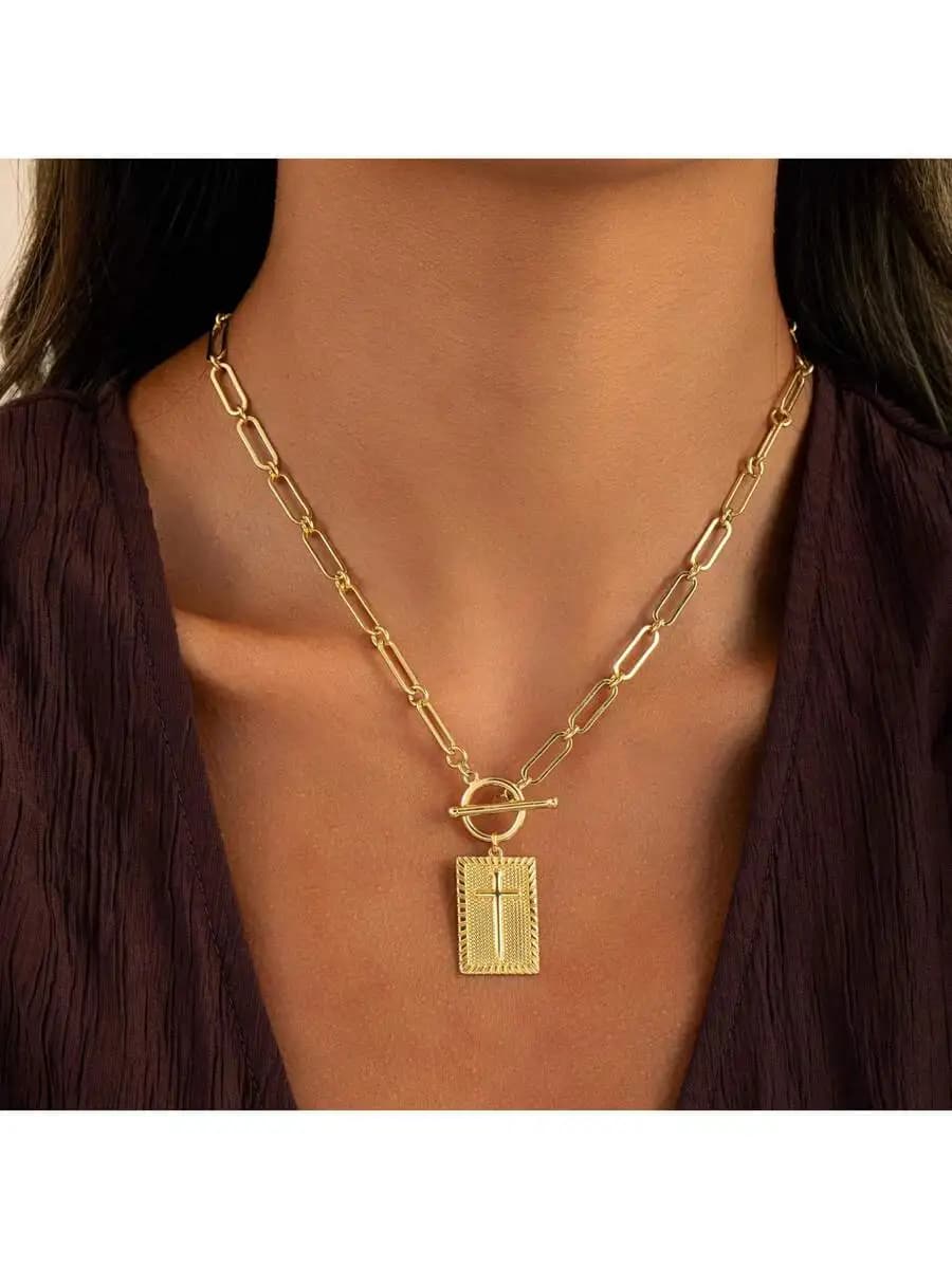 1-Piece Gold Silver Cross Pendant Necklace For Women,Toggle Clasp Rectangle Cross Charm,Dainty Paperclip Chain Religious Jewelry