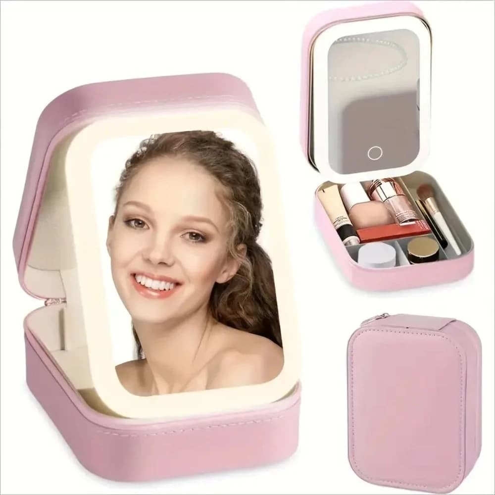 Specchio per il trucco portatile a LED con custodia da viaggio in ecopelle rosa ricaricabile tramite USB, specchio compatto per casa/viaggio - Il miglior regalo
