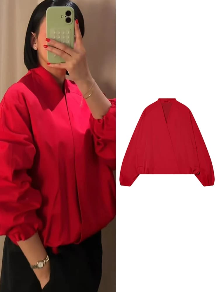 TFMLN Fashion Red Short Bomber Jacket For Women Loose Fit V Collar Long Sleeve Coat 2026 Spring Autumn Female Street Outerwear