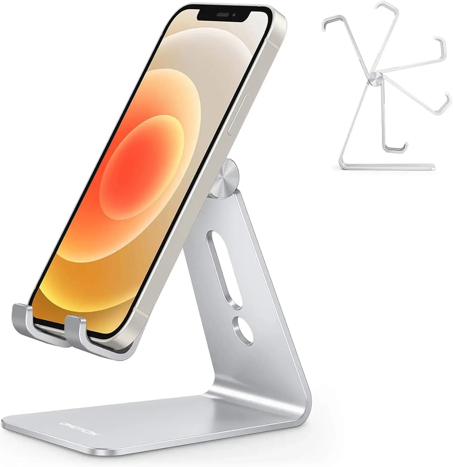 Supporto per telefono regolabile in alluminio con base antiscivolo e slot di ricarica per tutti gli smartphone, colore argento
