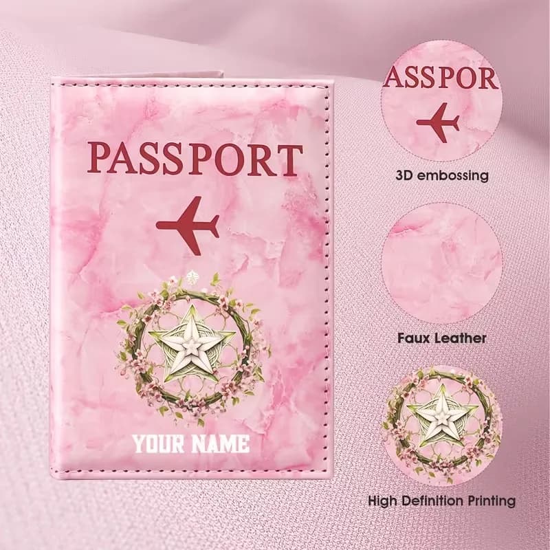 Custom Name Star-Shaped Wreath Romantic Design Passport Holder, Pattern Features Pink Floral Ring Surrounding Pentagram Elements