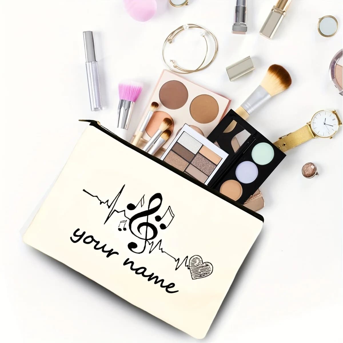 Borsa per il Trucco Personalizzata con Nome, Note Musicali e Design a Cuore, Organizer da Viaggio per Cosmetici con Cerniera, Adatta per Articoli da Toeletta