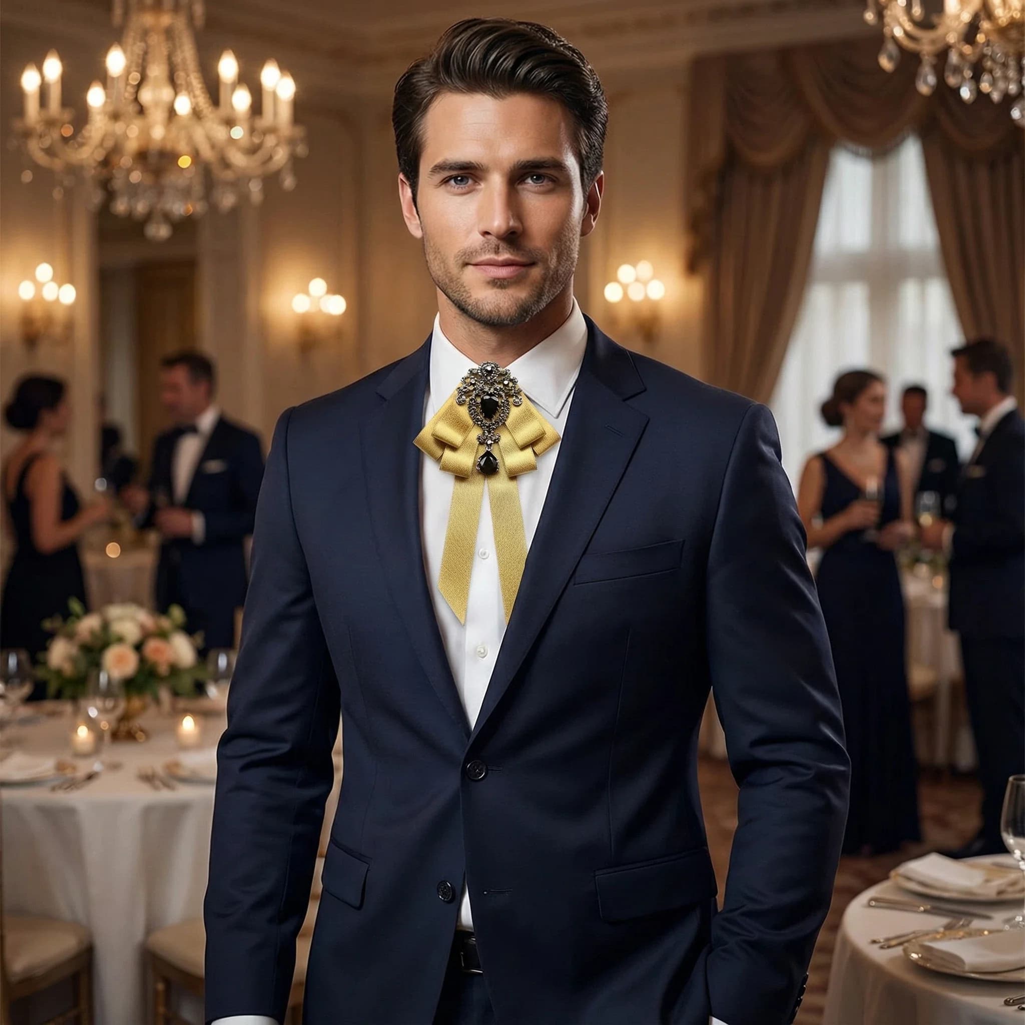 Camicia Formale da Uomo con Papillon Nero in Nastro con Strass, Papillon Artigianale Coreano in Tessuto di Lusso, Spilla a Fiocco in Nastro Artistico