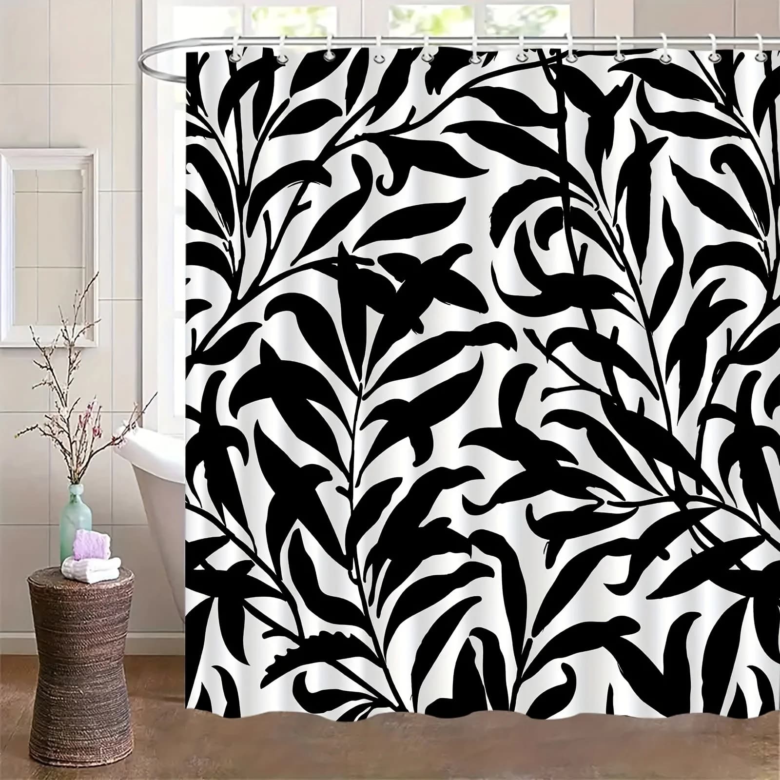 1pc Tenda da doccia semplice e moderna stampata in bianco e nero, tessuto in poliestere, lavabile in lavatrice, adatta per la decorazione del bagno