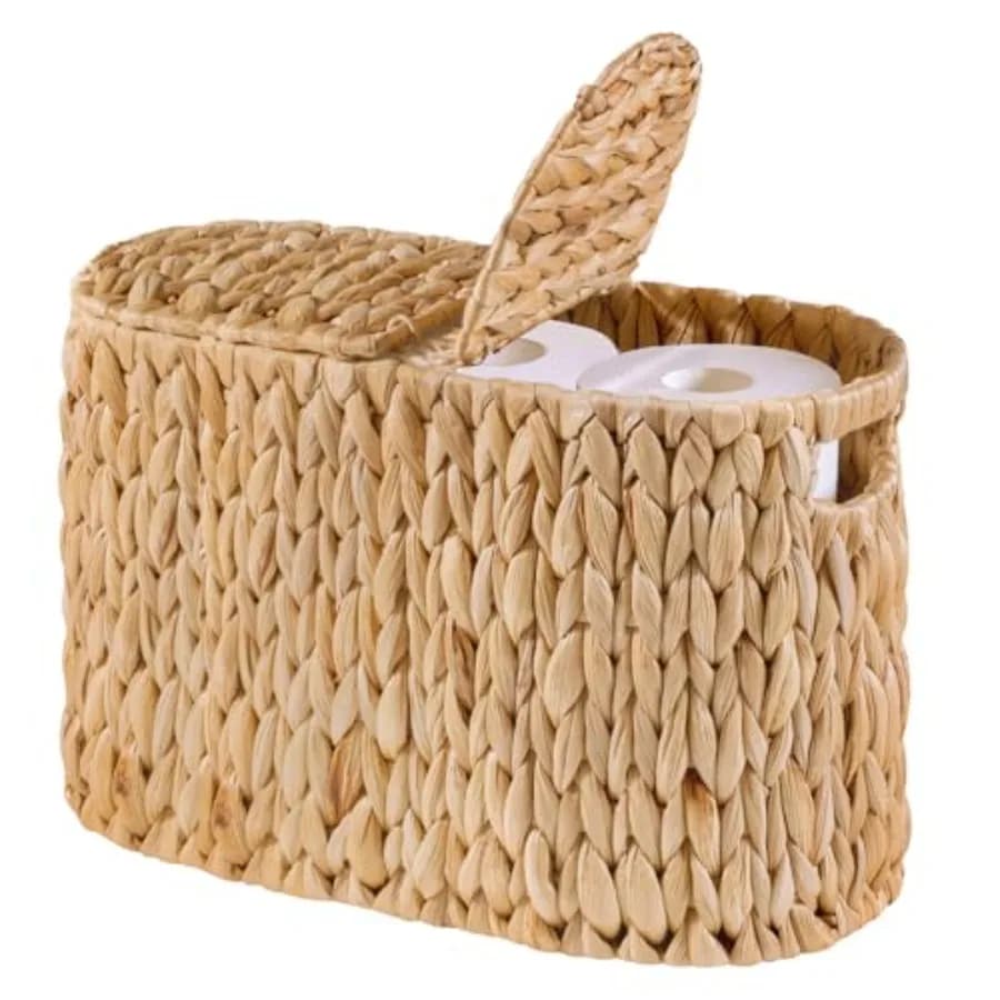 Toilet Paper Basket with Lid for 6 Rolls, Water Hyacinth Wicker Toilet Paper Storage Holder, Toilet Paper Storage for Bathroom
