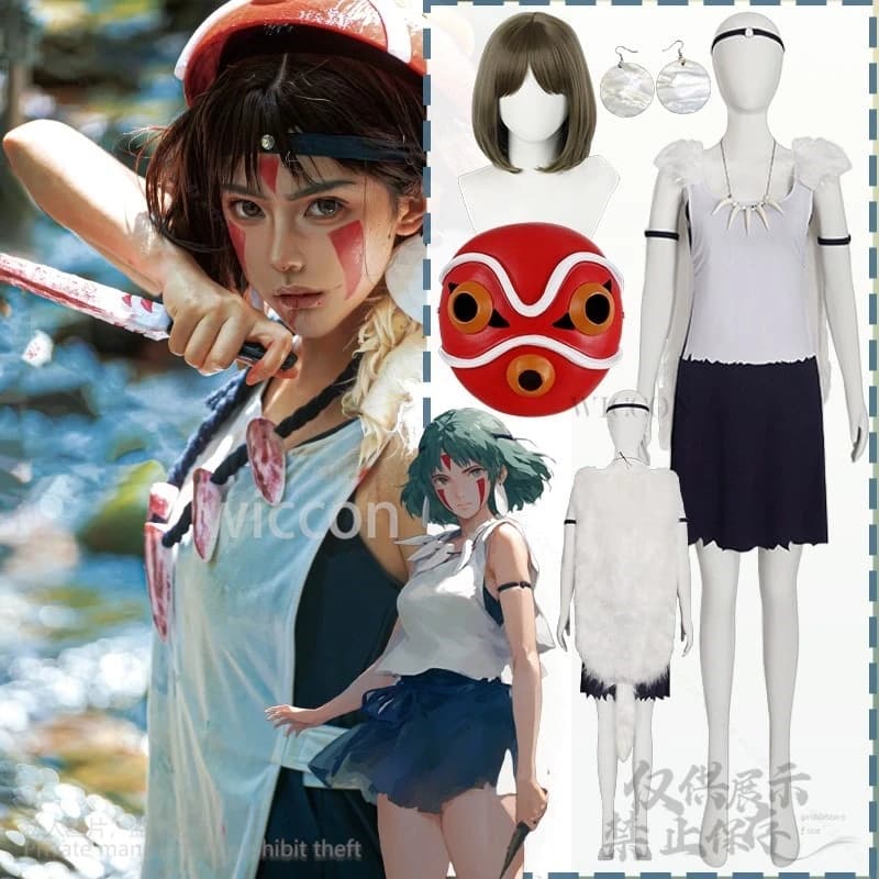 Anime Princess Cosplay Wolf Girls Costume Plush Cape Tooth Necklaces Savages Uniform Dress Wigs Vintage 3D Masks Halloween Cos