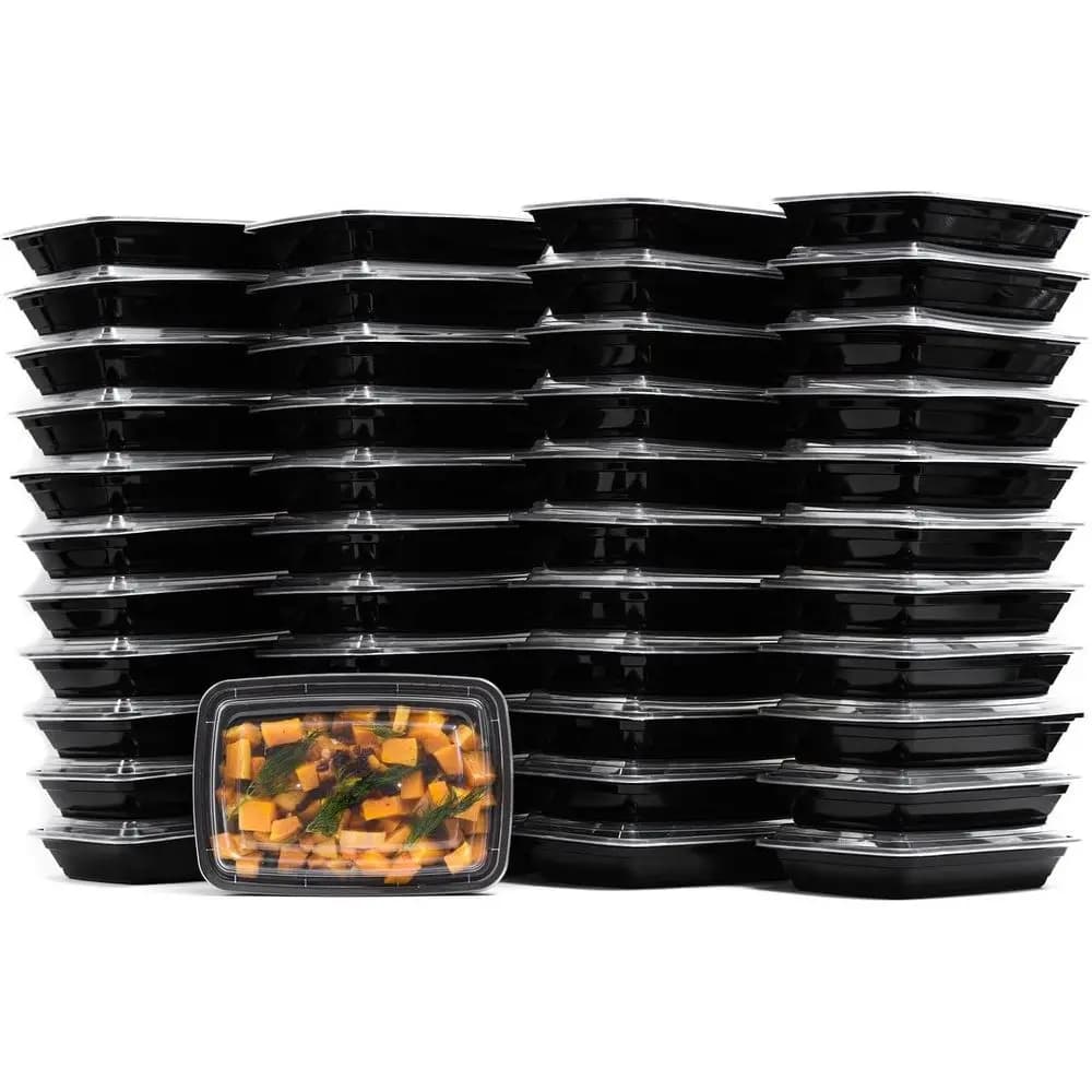 Contenitori per Alimenti in Plastica Nera Adatti al Microonde con Coperchi Trasparenti - 56oz, Senza BPA, Impilabili, Riutilizzabili, Lavabili in Lavastoviglie (100 Pezzi)