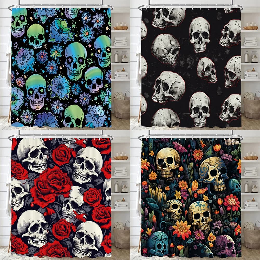 Tenda da doccia con stampa floreale Neon Skull, tenda da bagno in tessuto di poliestere impermeabile con ganci, ad asciugatura rapida, lavabile, per bagno D