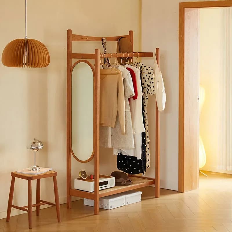Nordic Solid Wood Coat Rack Floor Standing Cherry Wood Hallway Mirror Minimalist Bedroom Living Room Entrance Clothes Hanger