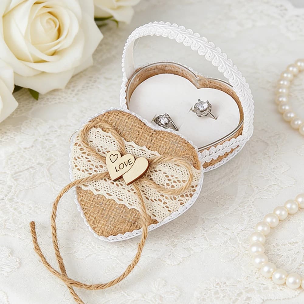 Cuscino Porta Anelli Vintage a Forma di Cuore in Iuta e Pizzo per Matrimonio, Custodia Rustica per Gioielli, Porta Anelli per Proposta di Matrimonio