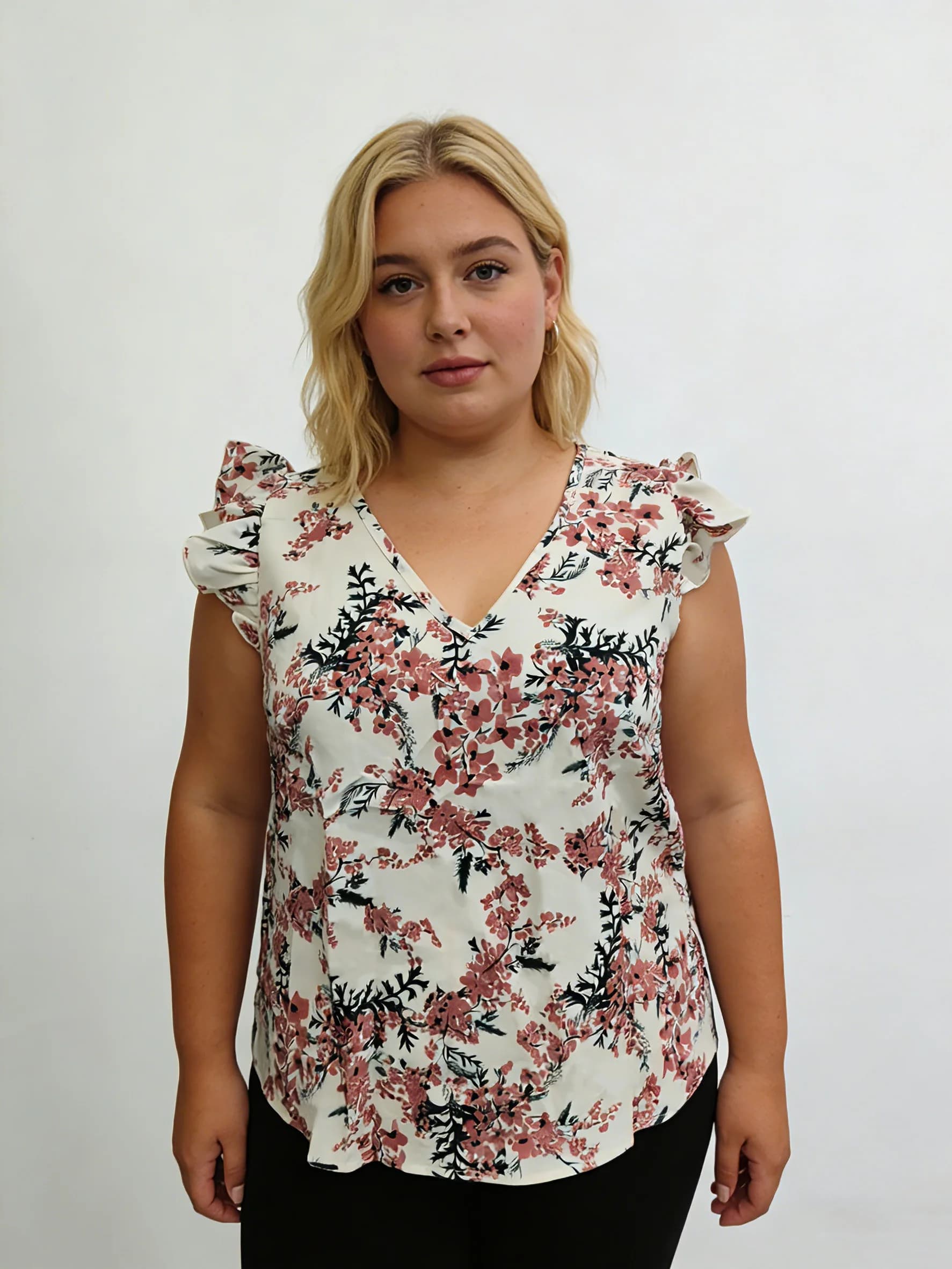 Camicetta bianca con stampa floreale Plus Size, top estivo casual ampio con scollo a V e maniche a volant