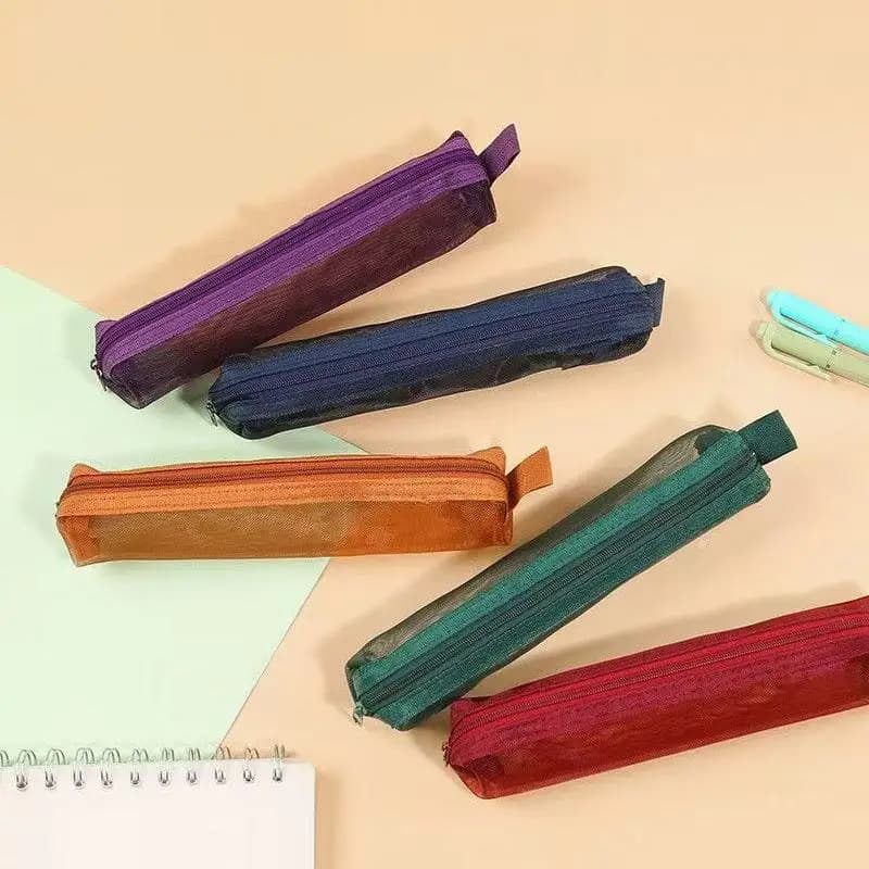 Astuccio portapenne vintage in rete tinta unita da 5 pezzi, custodia portatile per articoli di cancelleria, forniture scolastiche, regali per studenti