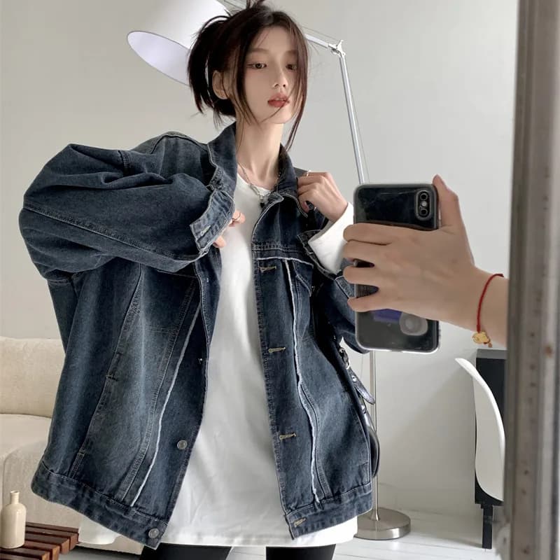 Giacca di jeans da donna primaverile autunnale a maniche lunghe, cappotto in denim ampio con bottoni, giacca in jeans