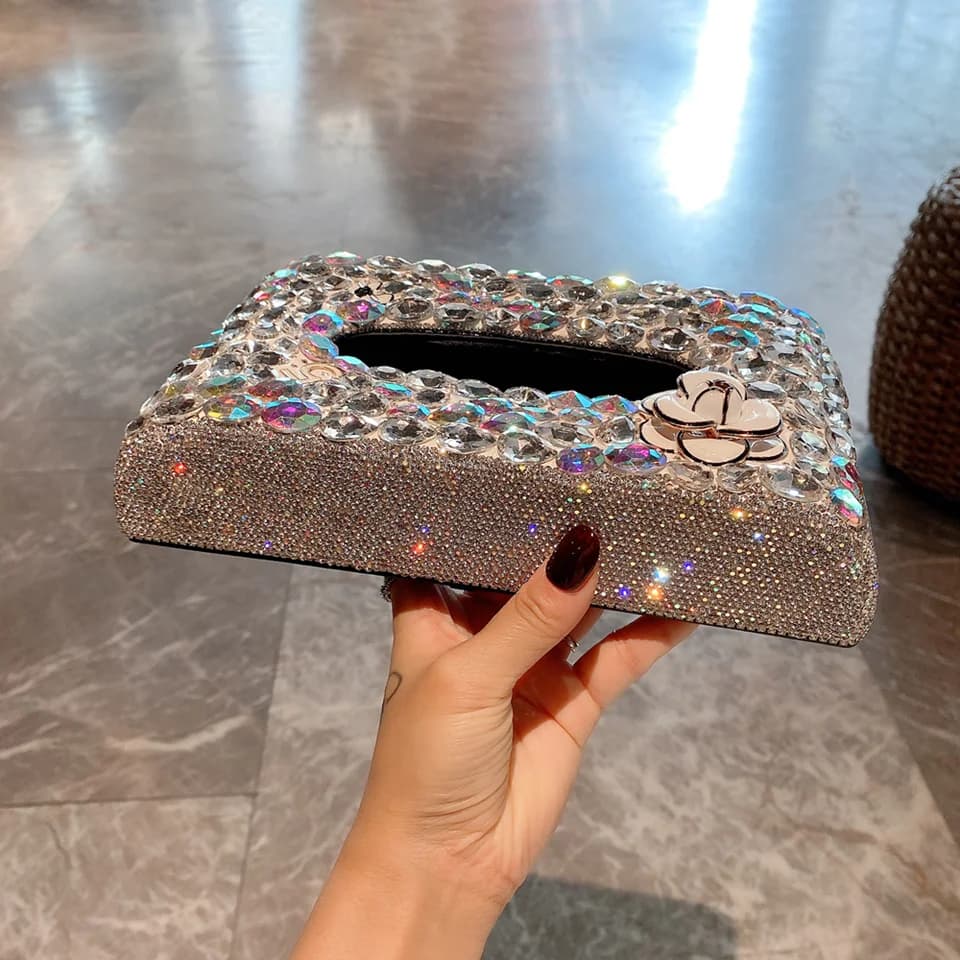 Scatola per fazzoletti con strass fiore di camelia Porta tovaglioli con diamanti Dispenser di carta igienica per custodia per ufficio cucina camera da letto auto
