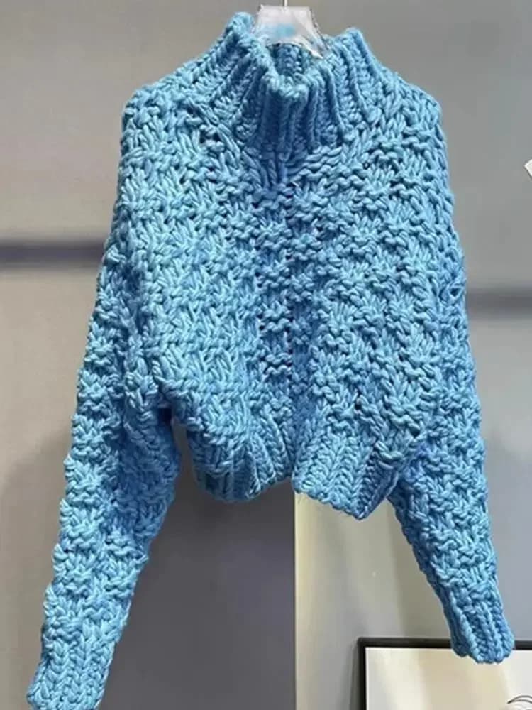 Klein Blue Hollow Out pullover all'uncinetto colletto alla coreana maglione di cachemire lavorato a maglia floreale camicia di tessitura di filati grossolani maglieria top