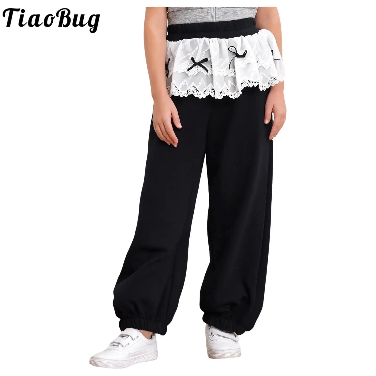 Pantaloni per bambina Y2K Pantaloni peplo in pizzo con fiocco carino Pantaloni sportivi con elastico in vita con tasche Abbigliamento quotidiano per la scuola sportiva da ballo