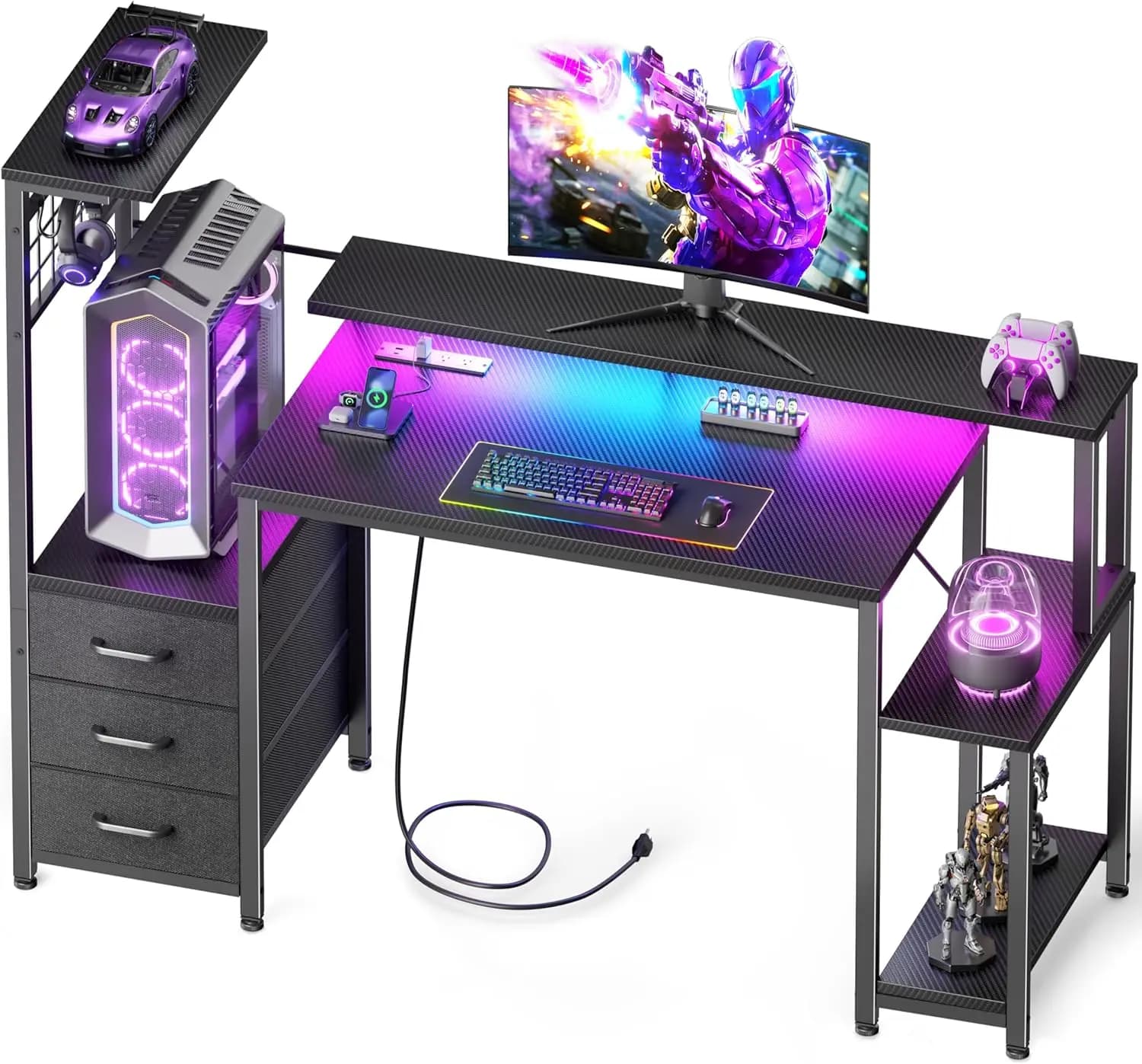 Scrivania da Gaming da 48 Pollici con Luci LED e Prese di Corrente, Scrivania per Computer con Cassetti in Tessuto e Gancio Laterale