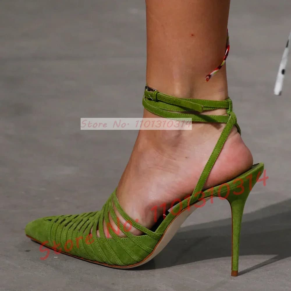 Women's Vegan Green Suede Leather Strap Sandals Digging Off Pointe Toe Color Mixed Shoes with Women's High Heel Party Trendy Chic Sandals