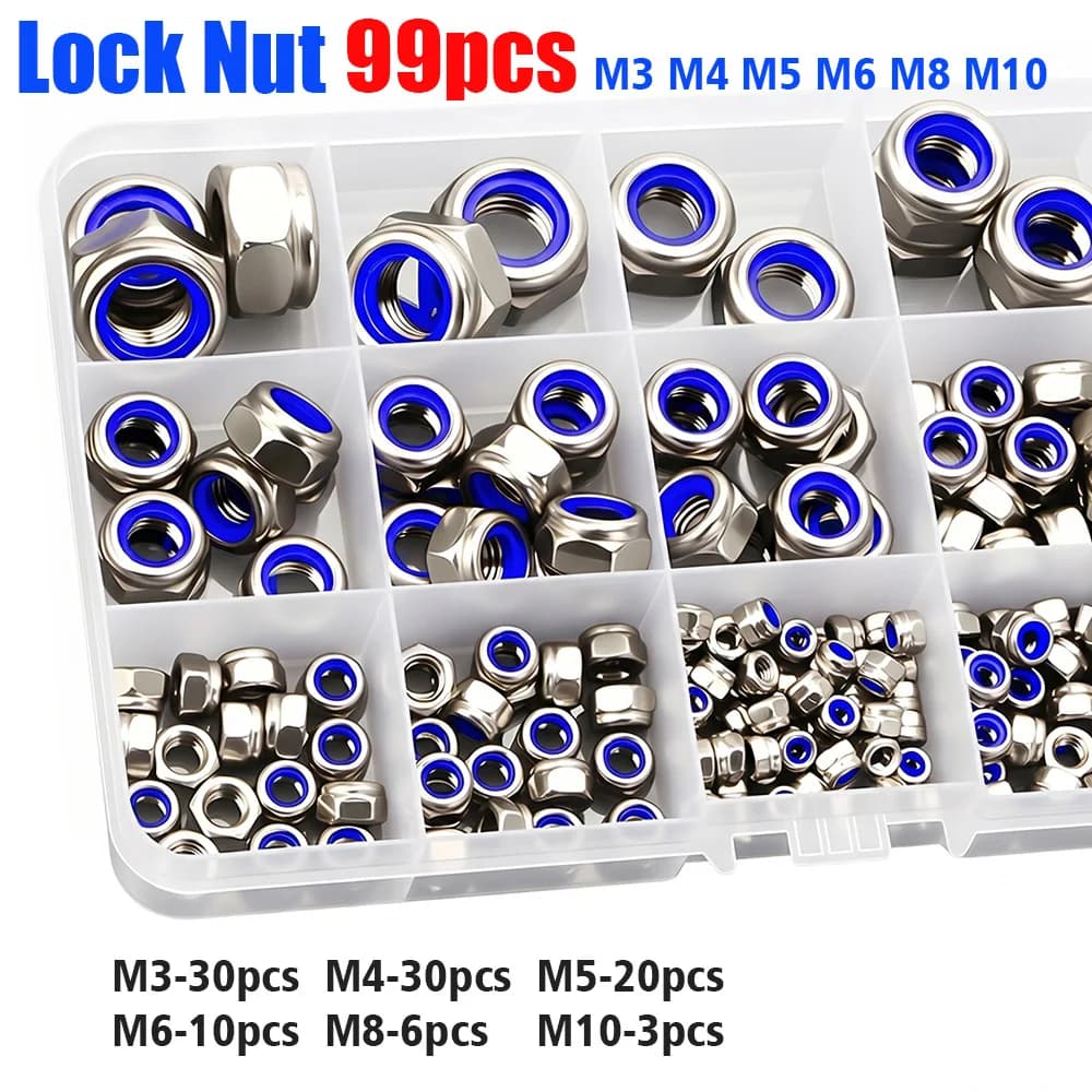 99 dadi di bloccaggio con inserto in nylon in acciaio inossidabile M3-M10, anello in nylon integrato, resistenza efficace alle vibrazioni e anti-allentamento.